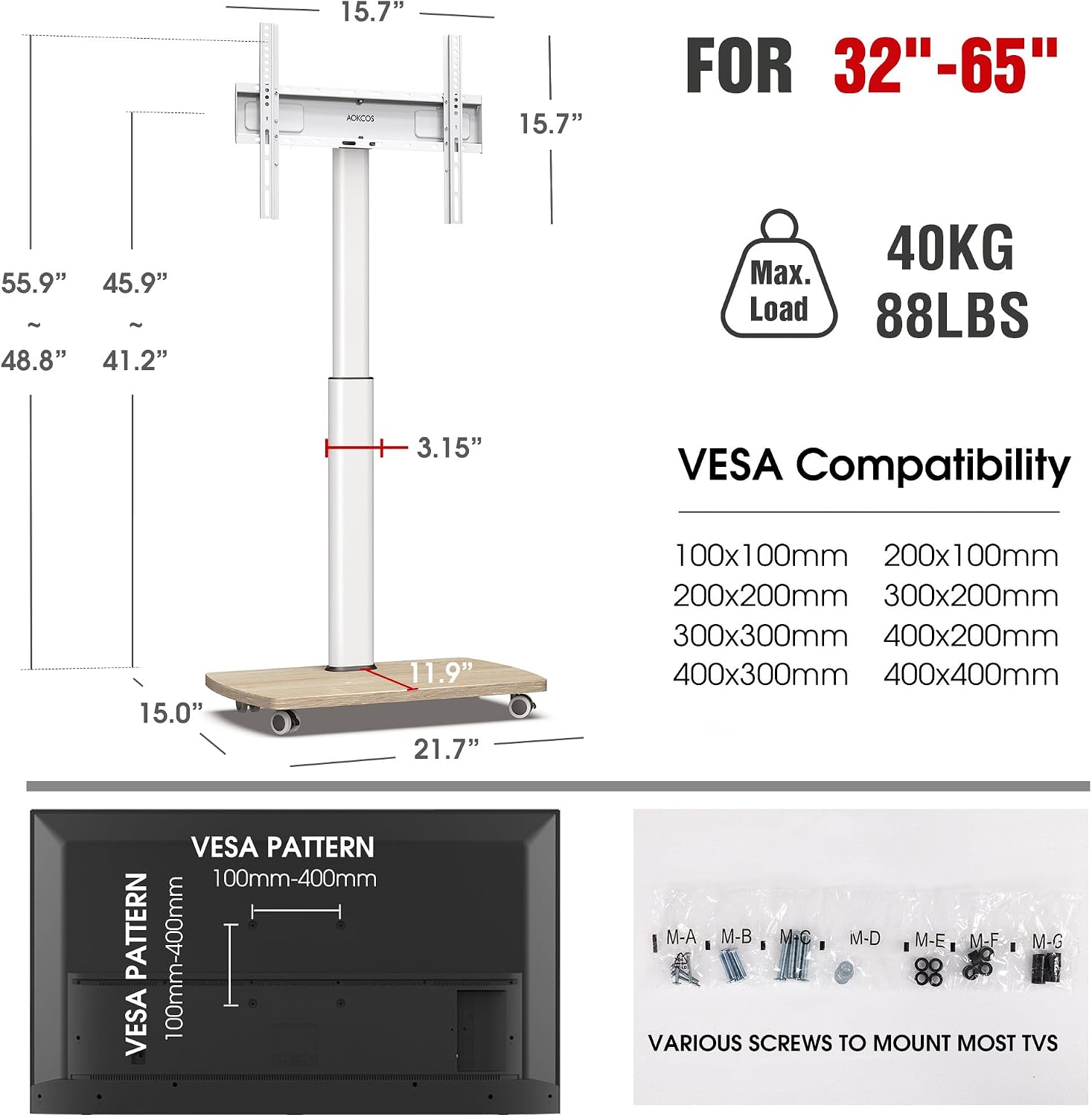 Detalle 2 de AOKCOS Rolling TV Stand for 32–65-Inch TVs
