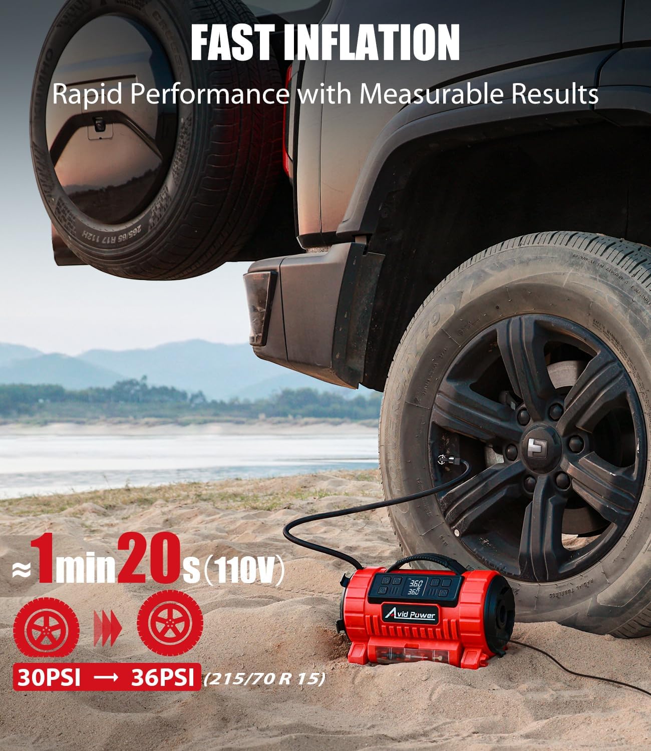 Detalle de AVID POWER Tire Inflator Portable Air Compressor: 12V DC / 110V AC, 5 Presets, LCD Gauge