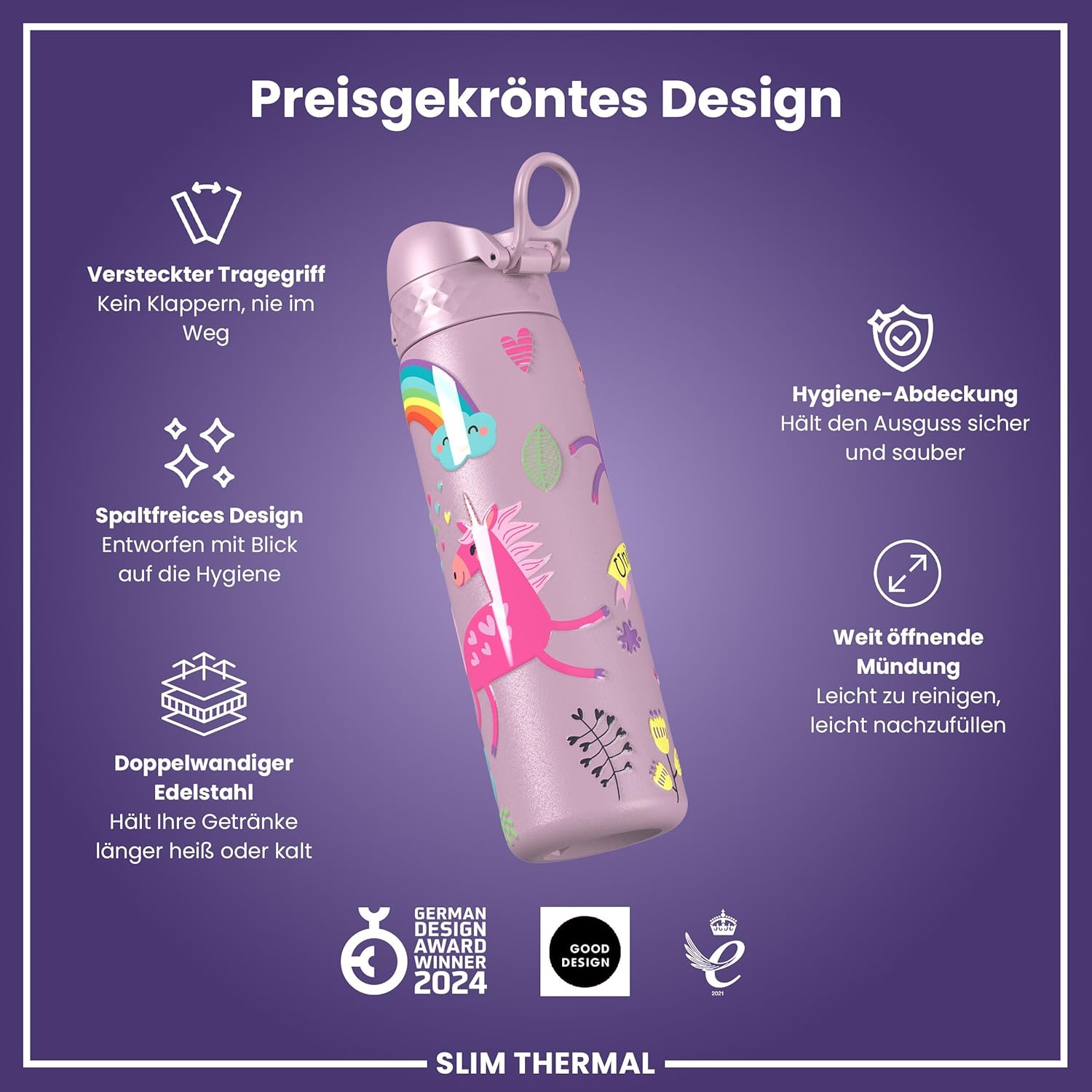 Thumbnail 5 de ion8 Vakuumisolierte Edelstahl-Trinkflasche 500 ml – Auslaufsicher, Einhandöffnung, Einhorn Design