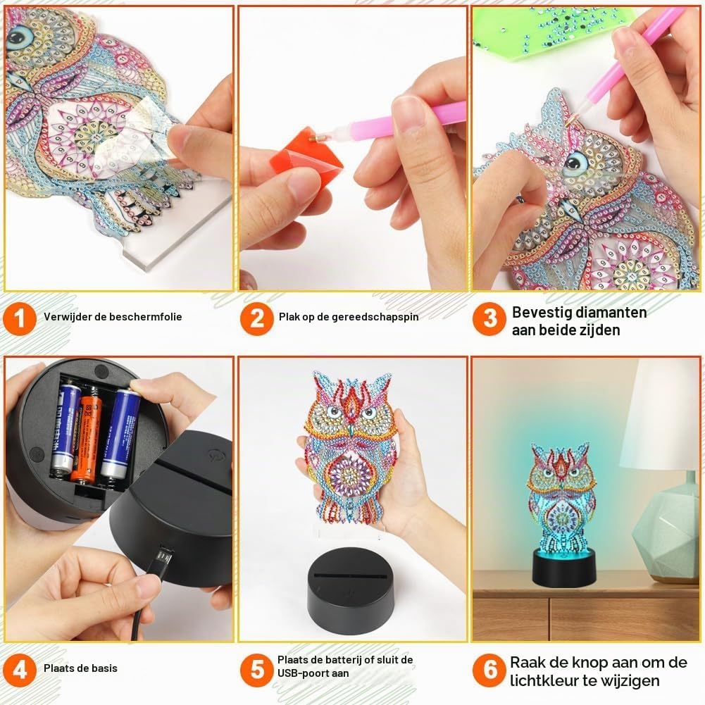 Thumbnail 1 de AUAUY Diamond Painting Uil-nachtlampje, DIY-set met 5D-diamanten en 7 lichtkleuren