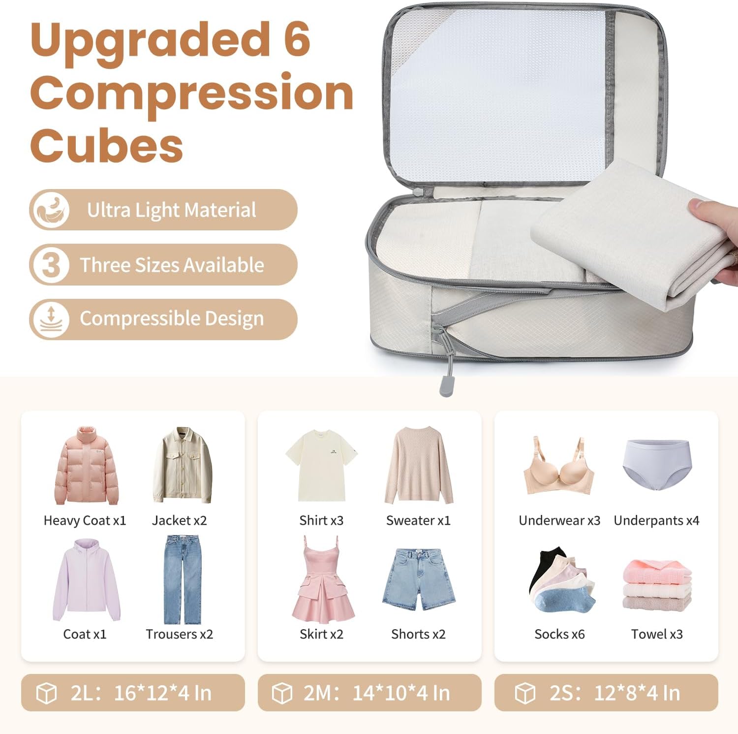 Detalle 2 de Prezon 6er Set Kompressions-Packwürfel (transparentes Design) – beige, platzsparender Gepäck-Organizer