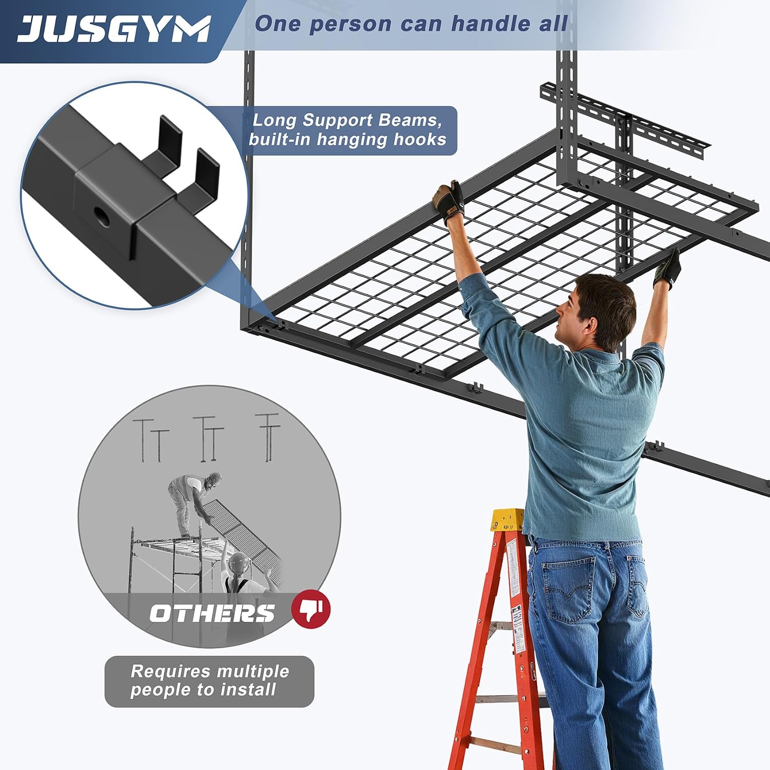 Detalle 2 de Jusgym CR02 4x8 ft Overhead Garage Rack, 750 lb, Adjustable Height