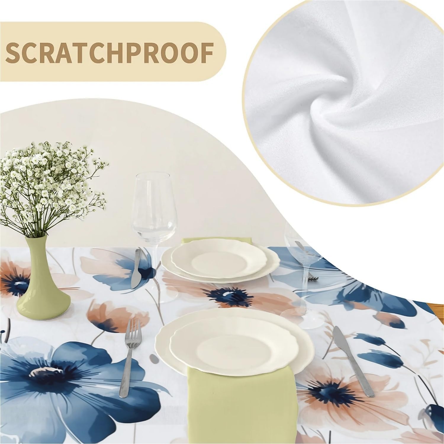 Thumbnail 1 de arts lion Rectangle Waterproof 60x102in Wipeable Table Cover – Non-PVC Fabric, Ink Blue and Orange Floral Design