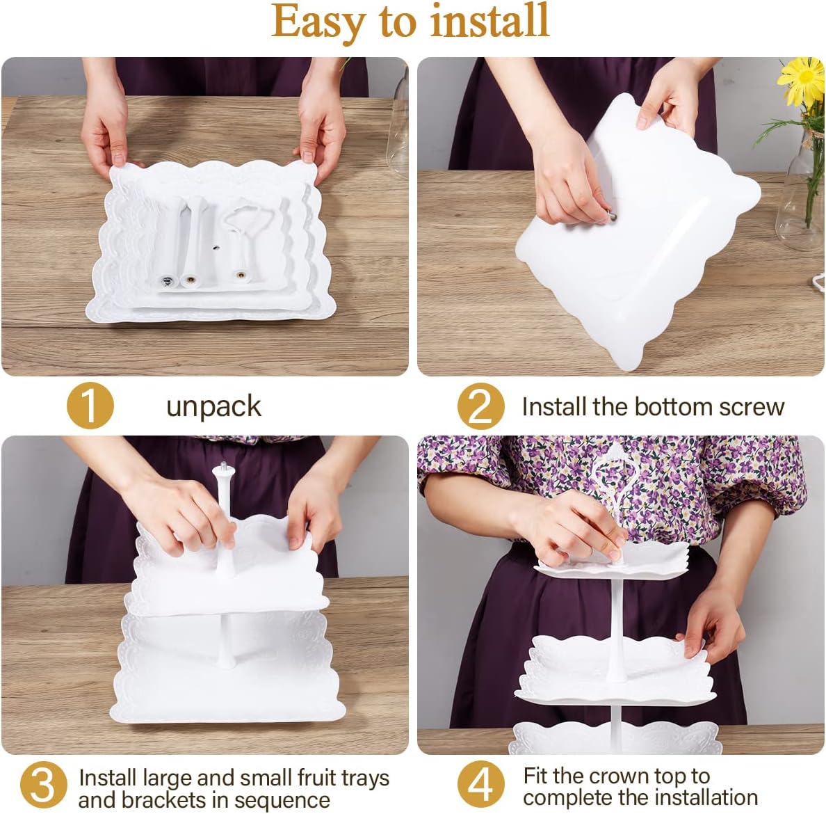 Thumbnail 3 de Mwellewm 10-Piece Tiered Cupcake Stand Set (4 White 3-Tier Cake Stands + Serving Trays)