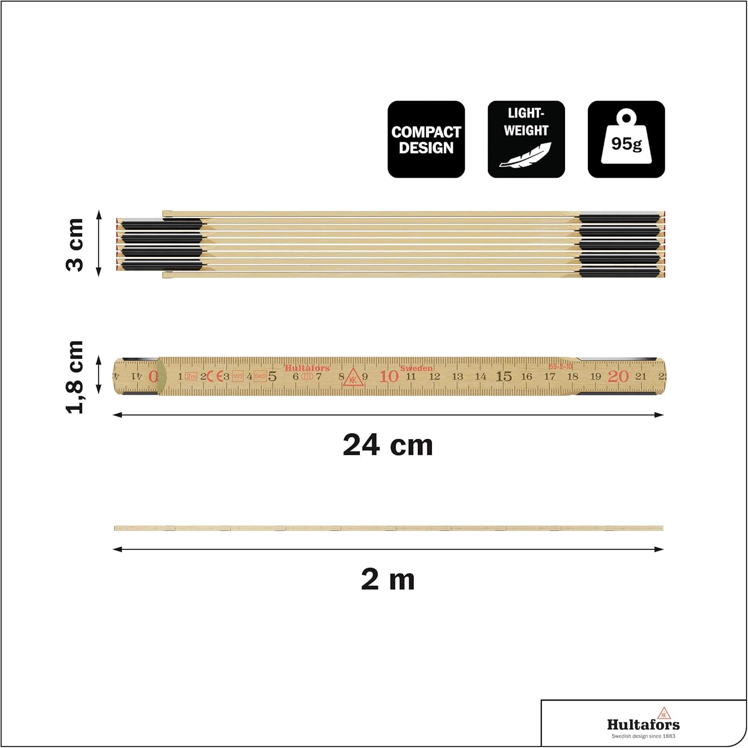 Detalle de Doppio metro pieghevole 2 m Hultafors Schwedenmeter® originale in betulla (confezione multipla da 3 pezzi, 100012)