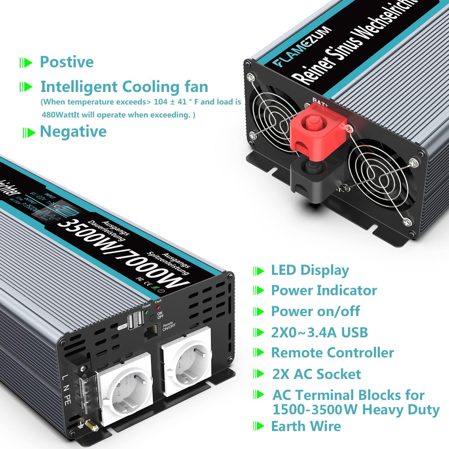 Detalle de FLAMEZUM Inverter 3500W 12V→220V onda pura con display LCD e telecomando