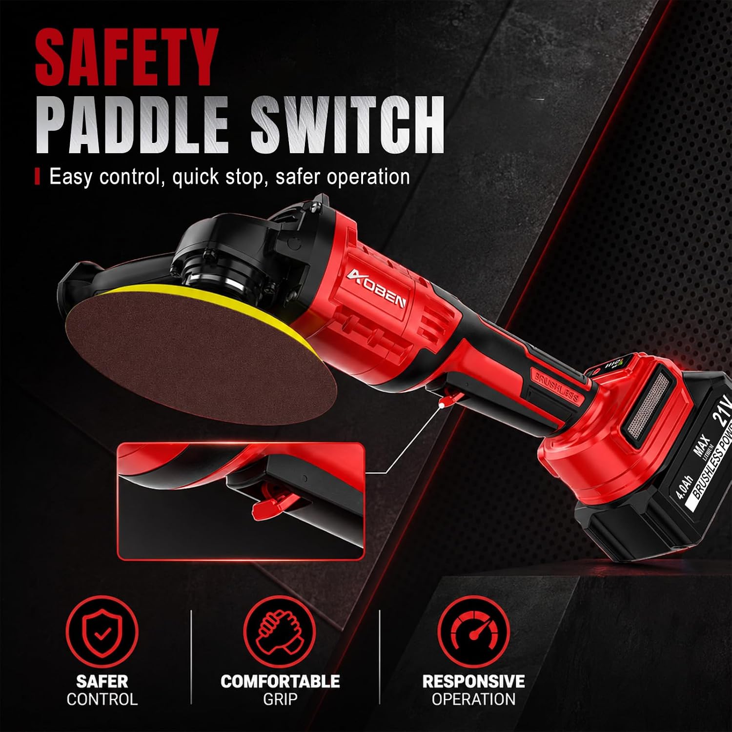 Detalle de AOBEN 21V Cordless Angle Grinder, 4-1/2-Inch Brushless, 3-Speed