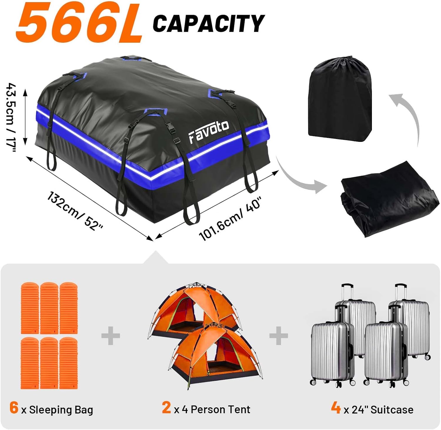 Thumbnail 2 de Favoto Box da Tetto Auto Impermeabile 566L pieghevole con tappetino antiscivolo e cinghie di rinforzo (blu)