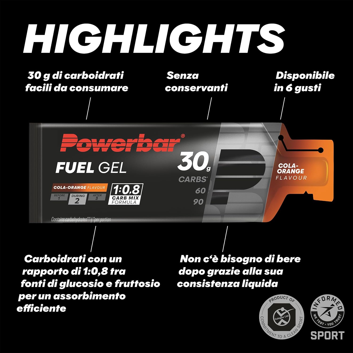 Detalle de Powerbar Black Line Fuel 30 Gel Cola-Arancia – 12x50 ml | Energia concentrata per prestazioni al top