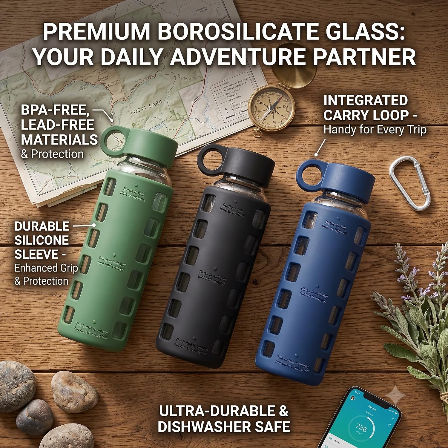 Detalle de purifyou PGWB-12SG 12 oz Borosilicate Glass Water Bottle with Markers