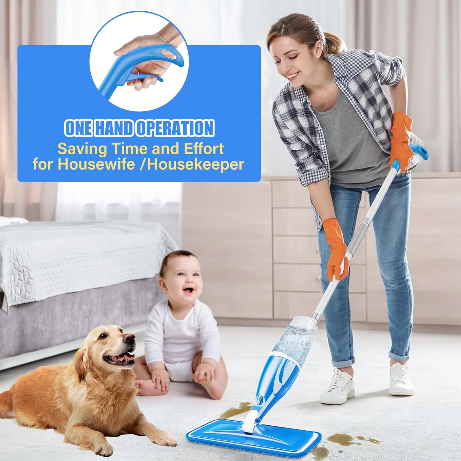 Thumbnail 1 de EXEGO Floor Flat Mop with Refillable Bottle and 4 Reusable Microfibre Pads