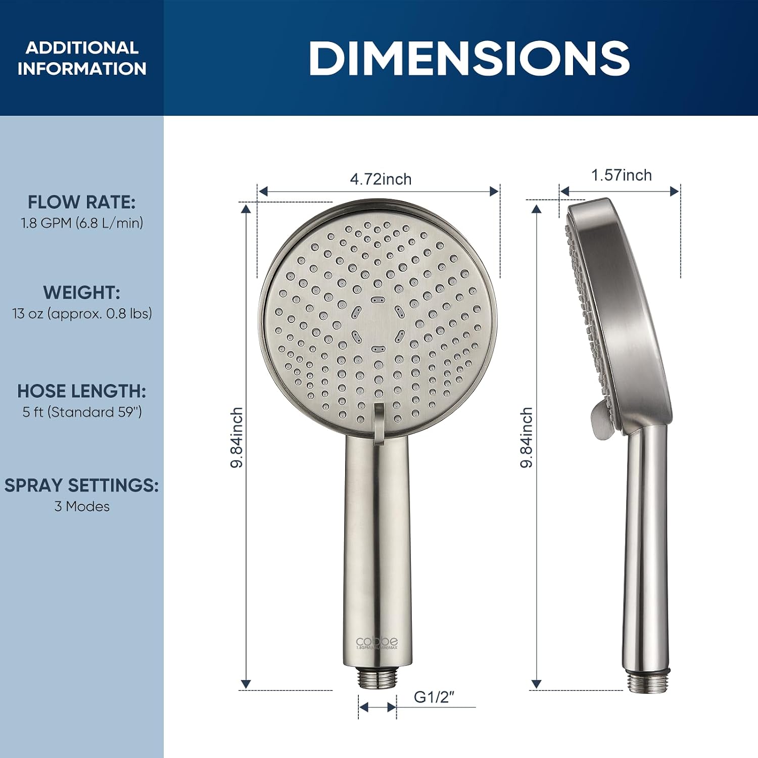 Detalle de Cobbe KSCP160-CA All-Metal Handheld Shower Head, 3 Settings, Brushed Nickel