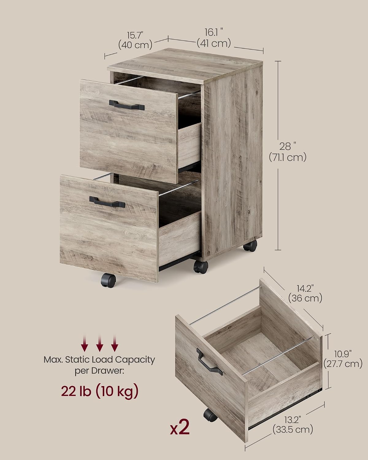 Detalle de VASAGLE Rolling File Cabinet, 2-Drawer