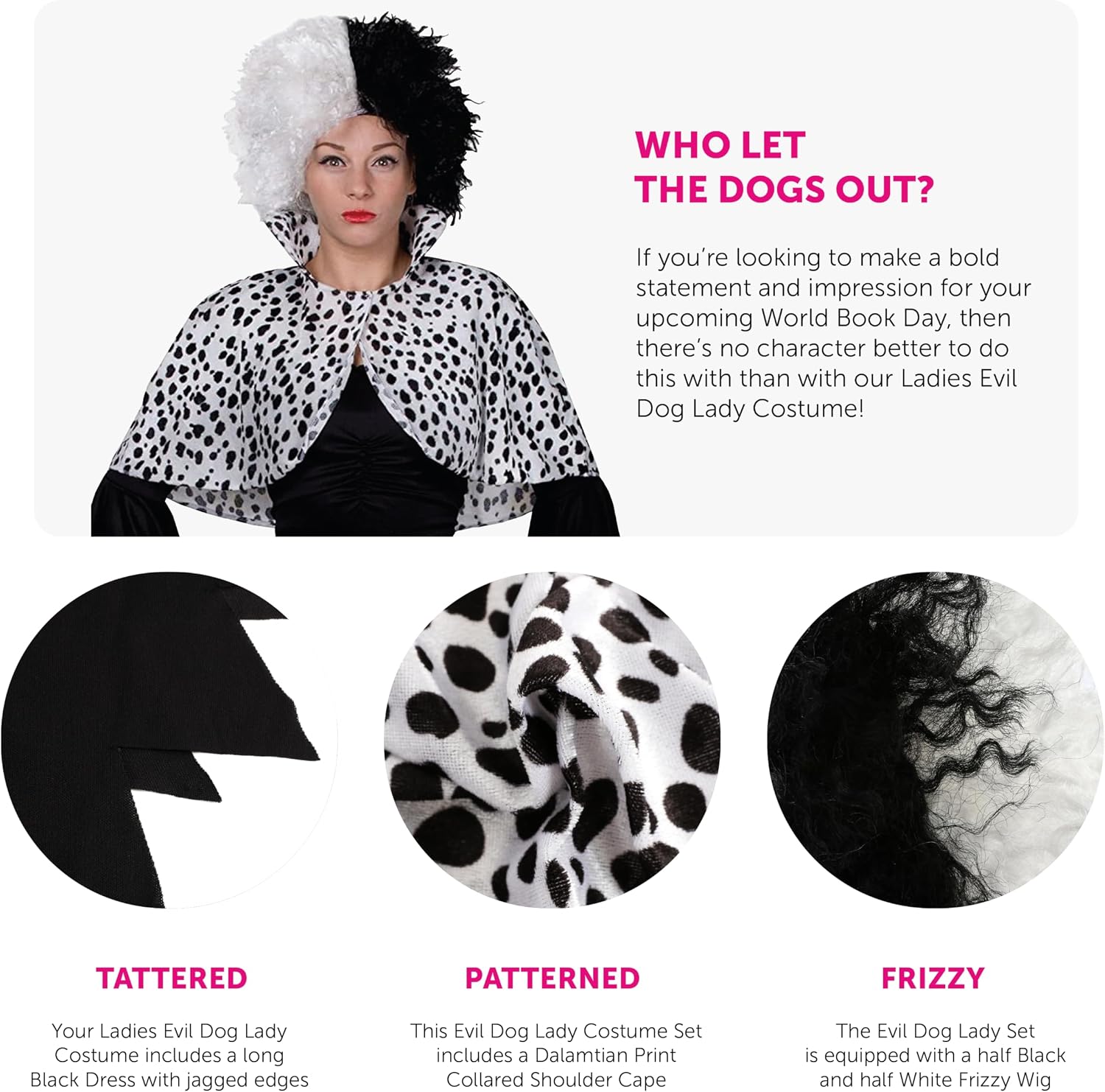 Thumbnail 1 de I LOVE FANCY DRESS Ladies Evil Dog Lady Fancy Dress Costume – Long Black Dress with Dalmatian Print Cape