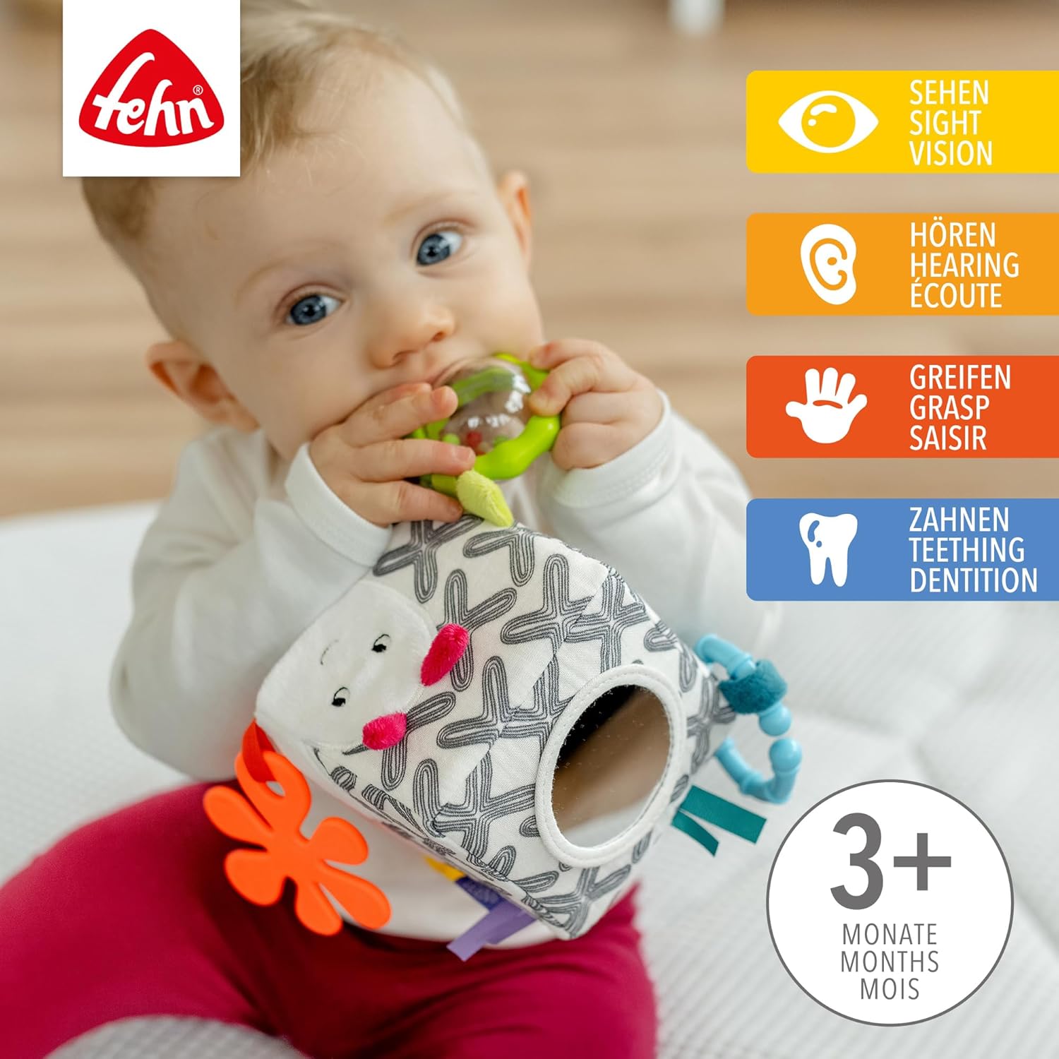Detalle 2 de Fehn Activity-Würfel Raupe mit Greifelementen und C-Ring – Motorikspielzeug für Babys ab 0+ Monaten