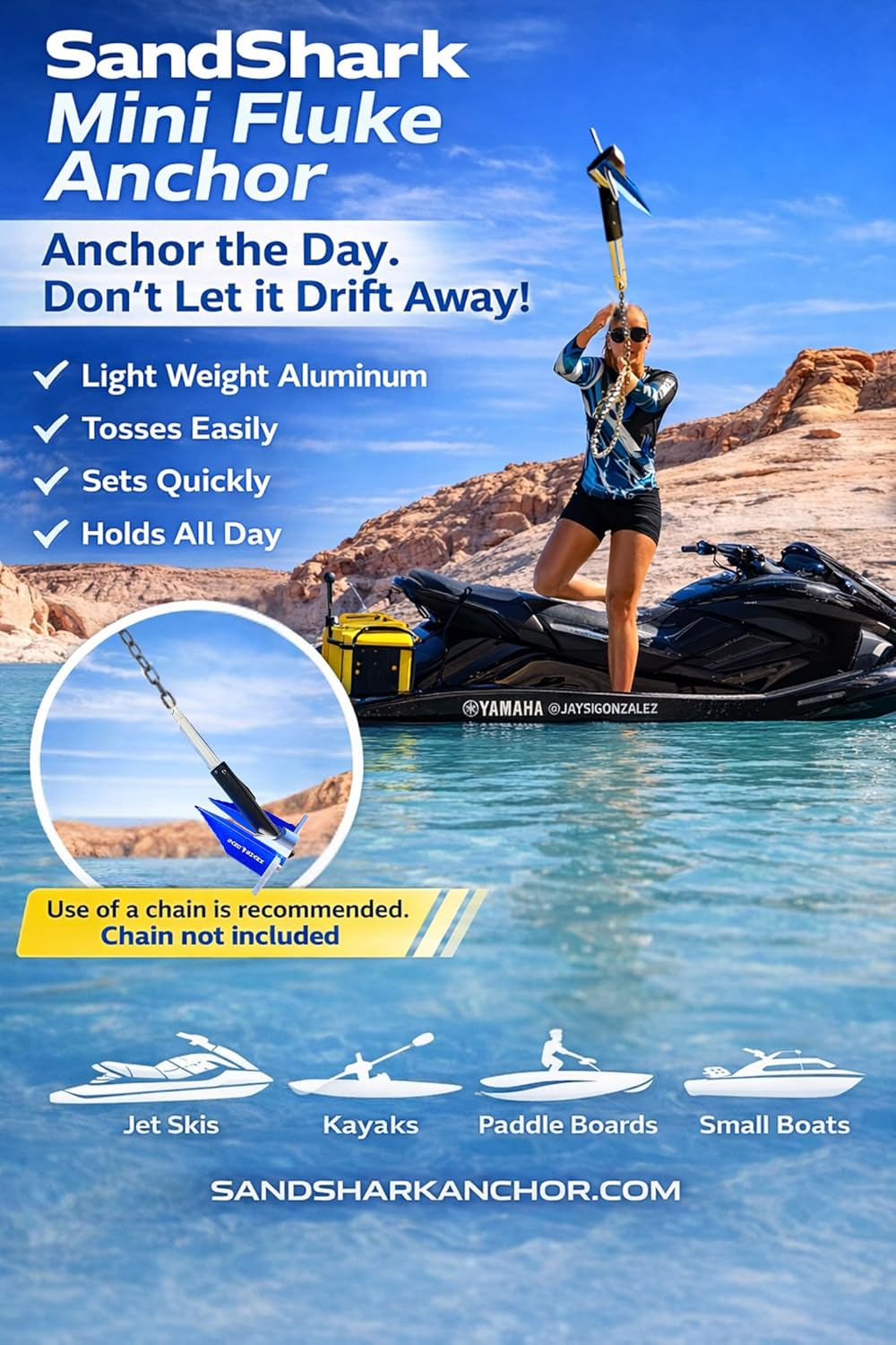 Detalle de SandShark Premium Fluke Anchor with Retractable Shaft for Small Boats and Jet Skis