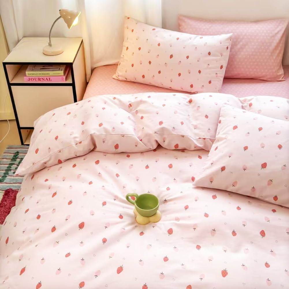 Detalle 2 de AShanlan Bettwäsche Baumwolle 135x200 Rosa Erdbeeren – Kawaii Set mit Reißverschluss und ÖkoTex Zertifizierung