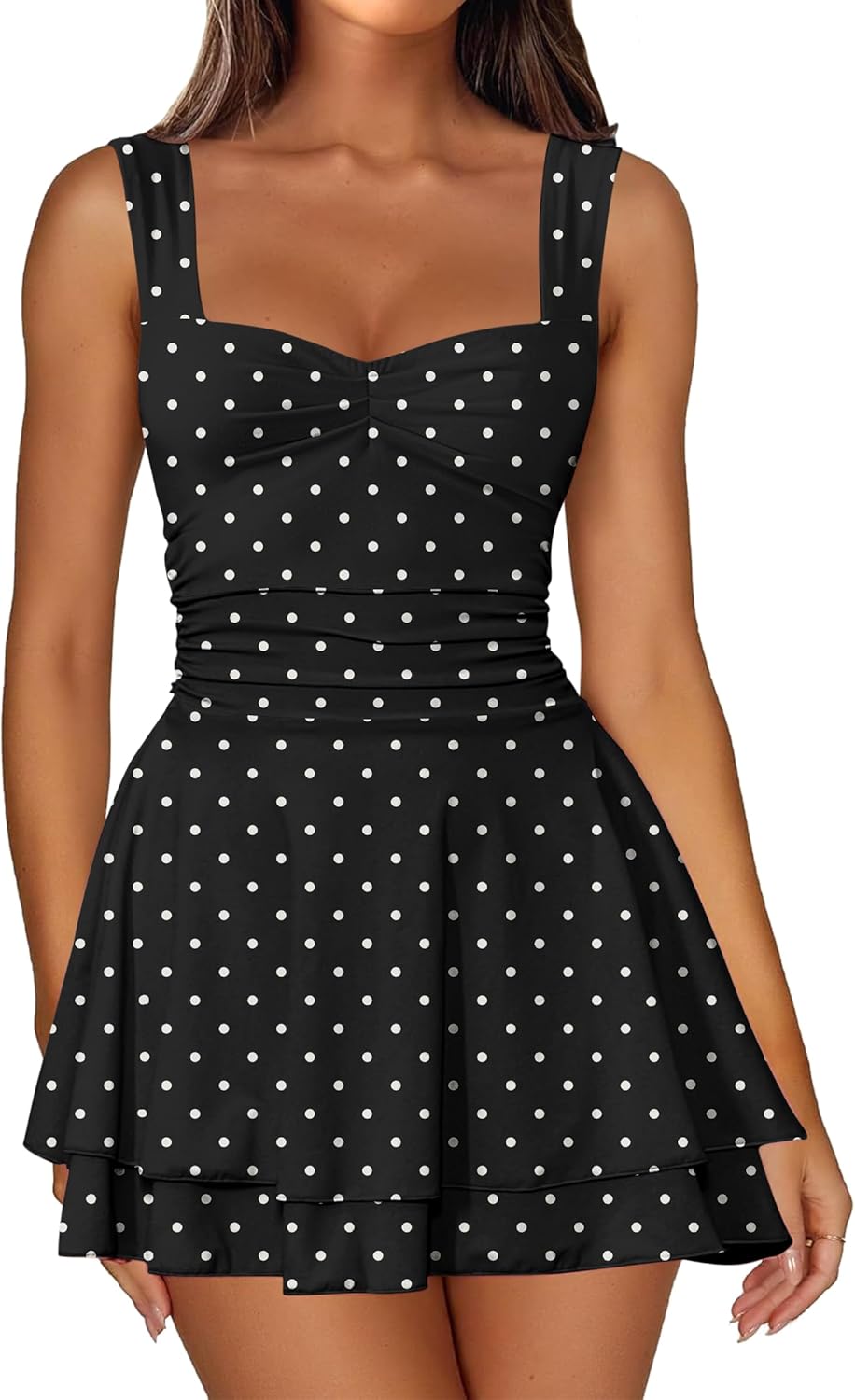 Thumbnail 6 de IWD Women's Square Neck Sleeveless Mini Dress with Ruched Waist and Tiered Ruffle Hem