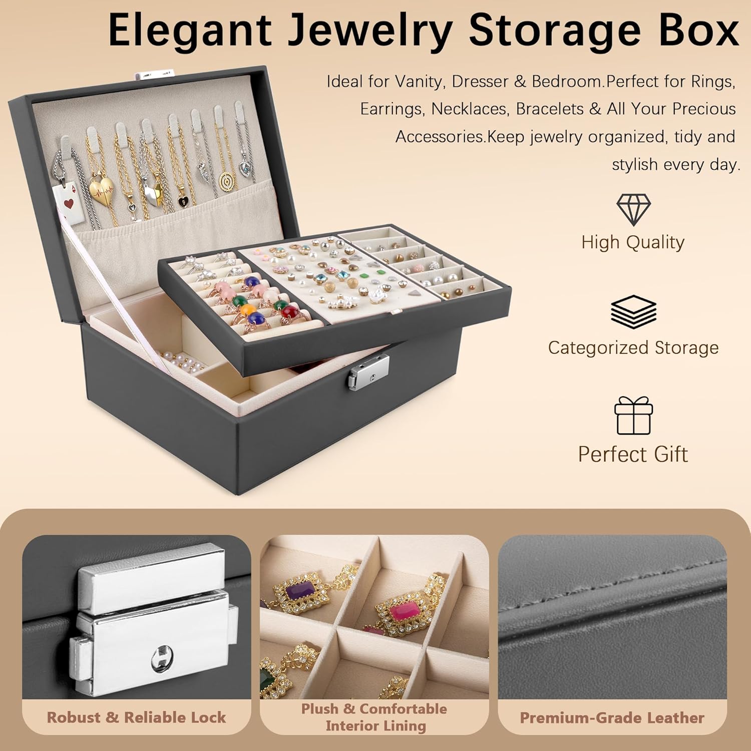 Detalle de Homeanda Jewellery Box with Lock: 2‑Layer Leather organiser for necklaces, bracelets and more