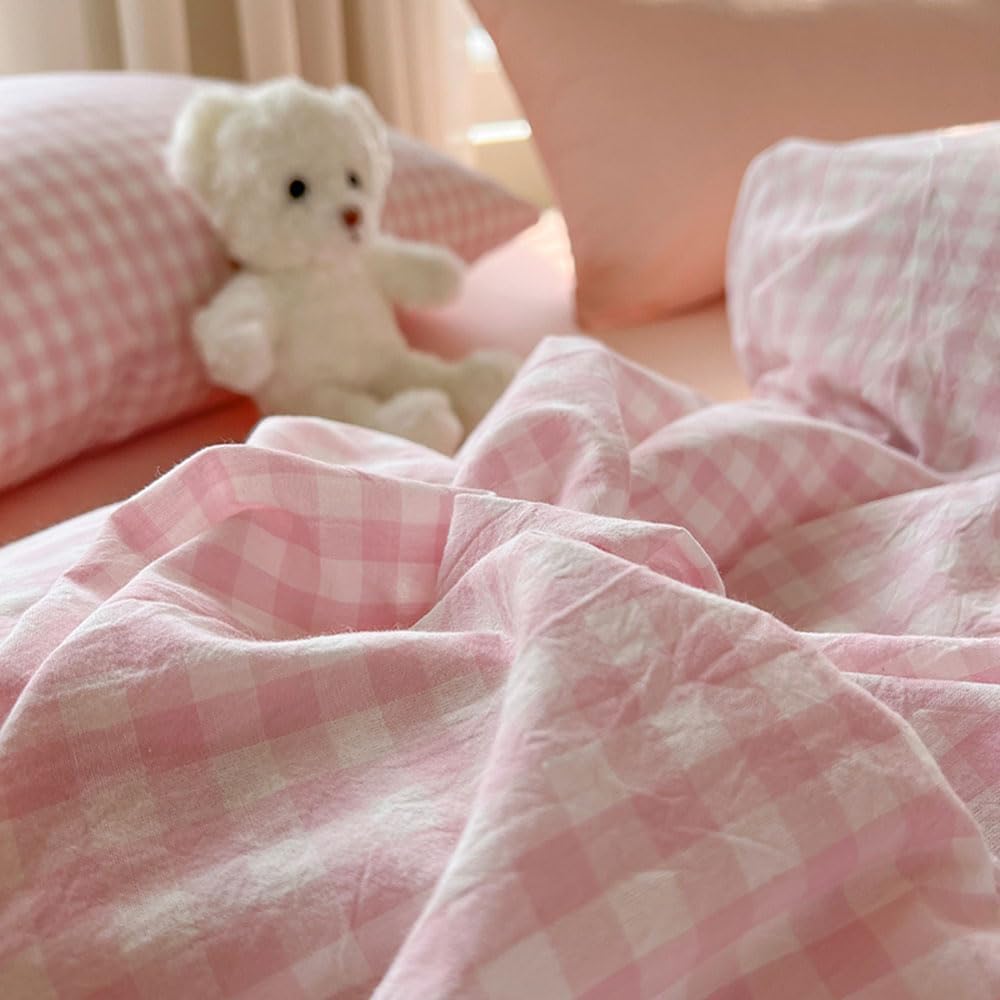 Thumbnail 5 de Nyescasa Housse de couette 220x240 rose et blanc à carreaux vichy + 2 taies 65x65 en microfibre