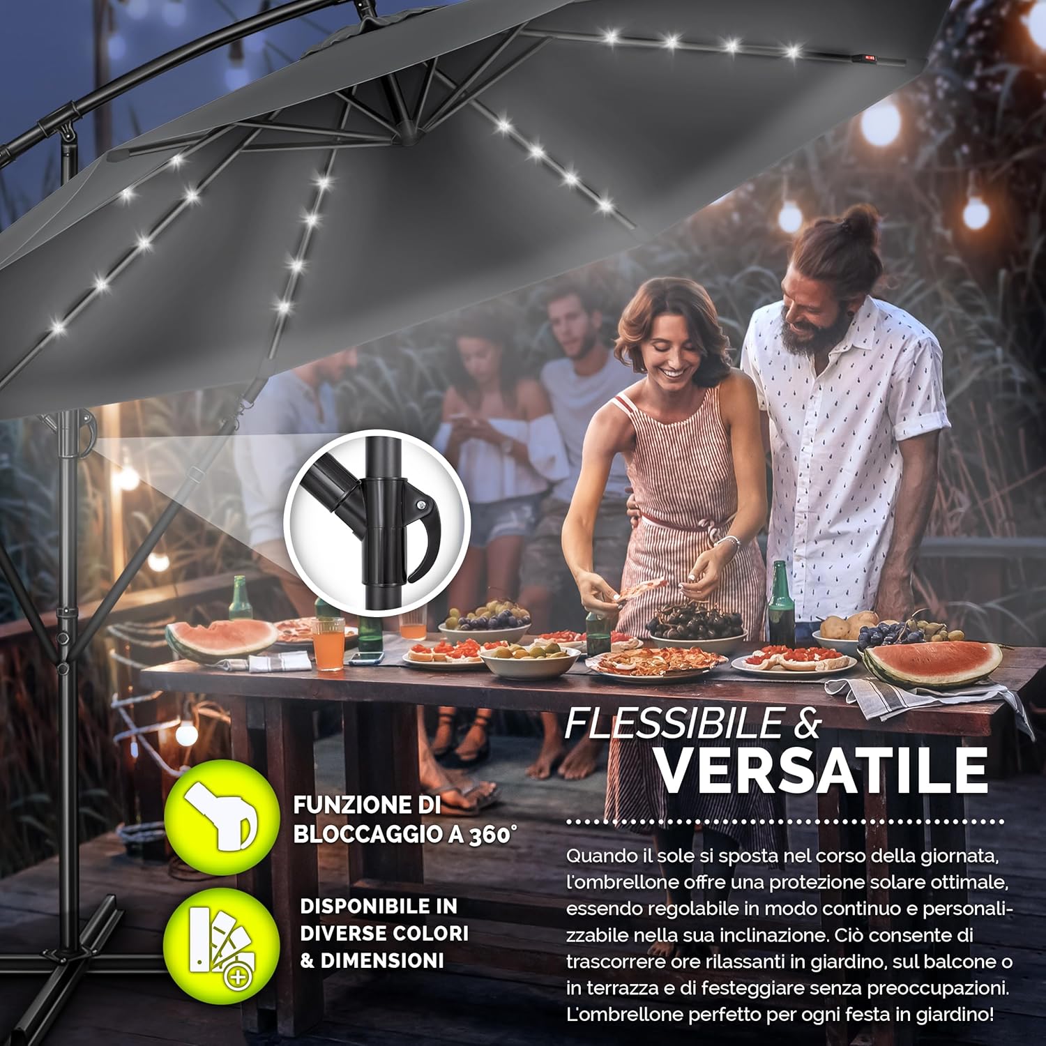 Thumbnail 5 de tillvex Ombrellone da giardino LED solare Ø300 cm con manovella e base