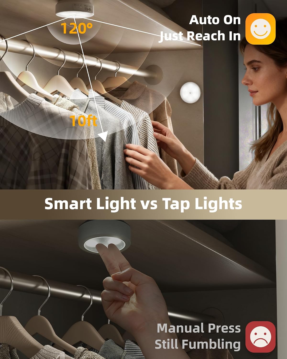 Detalle de EZVALO Motion Sensor Puck Lights, USB-C Rechargeable, Dimmable, 3 Color Temps