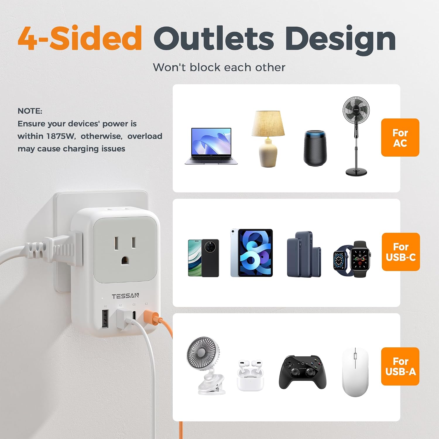 Thumbnail 6 de TESSAN TS-WS06US00 Wall Outlet Extender, 4 AC Outlets, 4 USB Ports