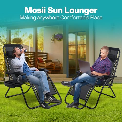 Thumbnail 7 de Mosii Sun Loungers Set of 2: Heavy Duty Zero Gravity Garden Chairs with Cup Holders, Headrest Pillow and Folding Design