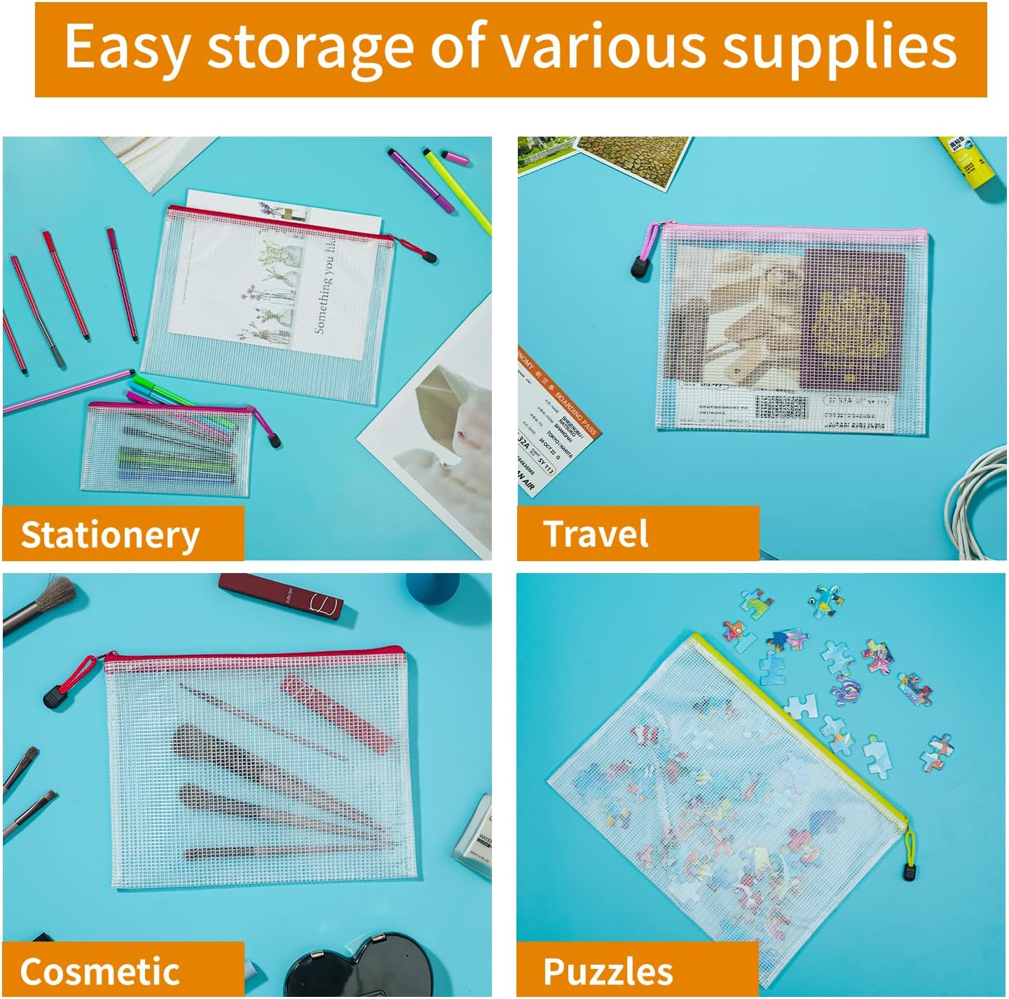 Thumbnail 5 de A5 Plastic Zip Wallets - 12PCS A5 Zip Lock Bags Plastic Document Folders Zipper File Bags Waterproof Mesh Zipper Pouch for School Office Supplies, Receipts, Household Bills, Cosmetics Travel Storage