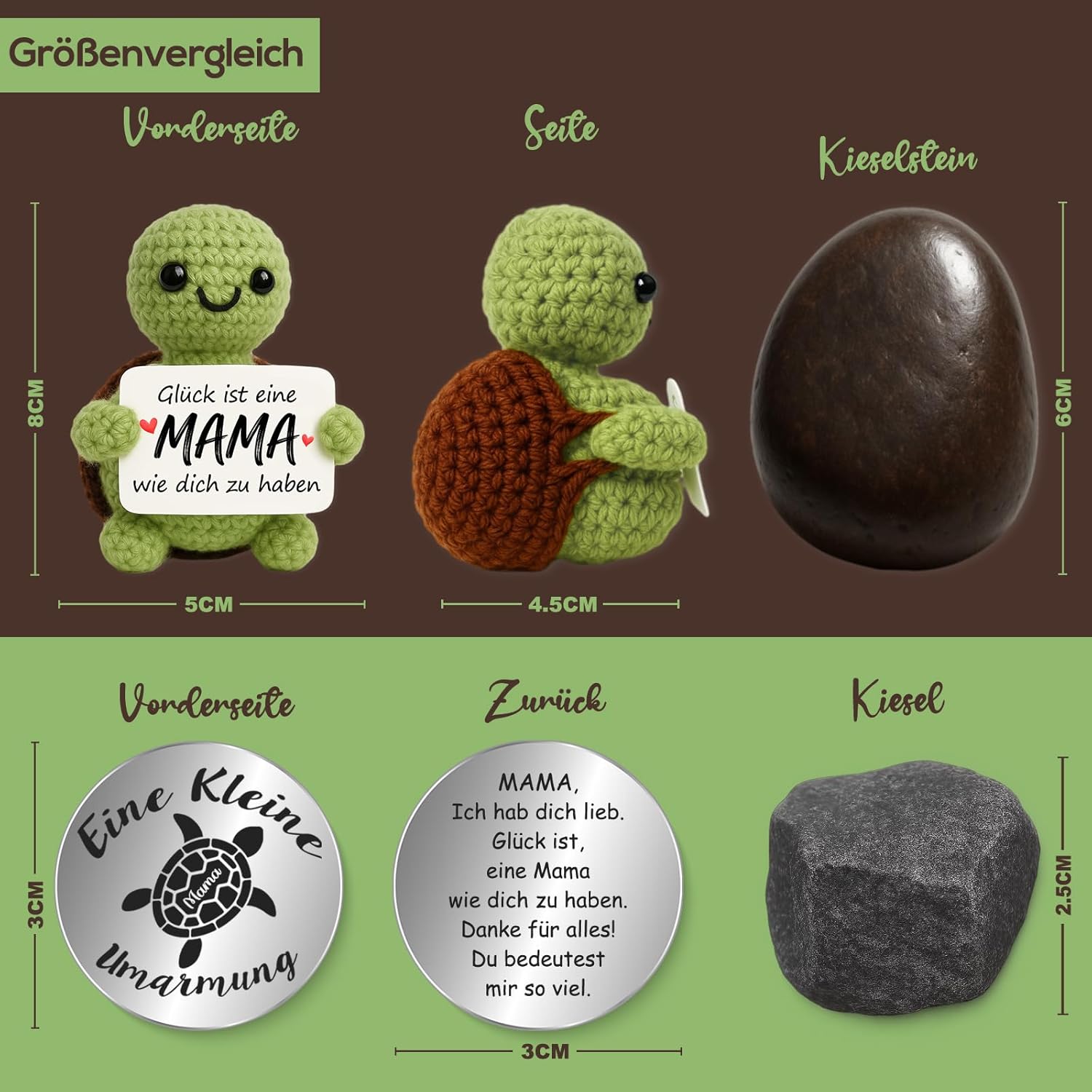 Detalle de Tixlux Schildkröten-Glücksbringer für Mama – Handgestrickte Wollschildkröte mit Edelstahl-Token