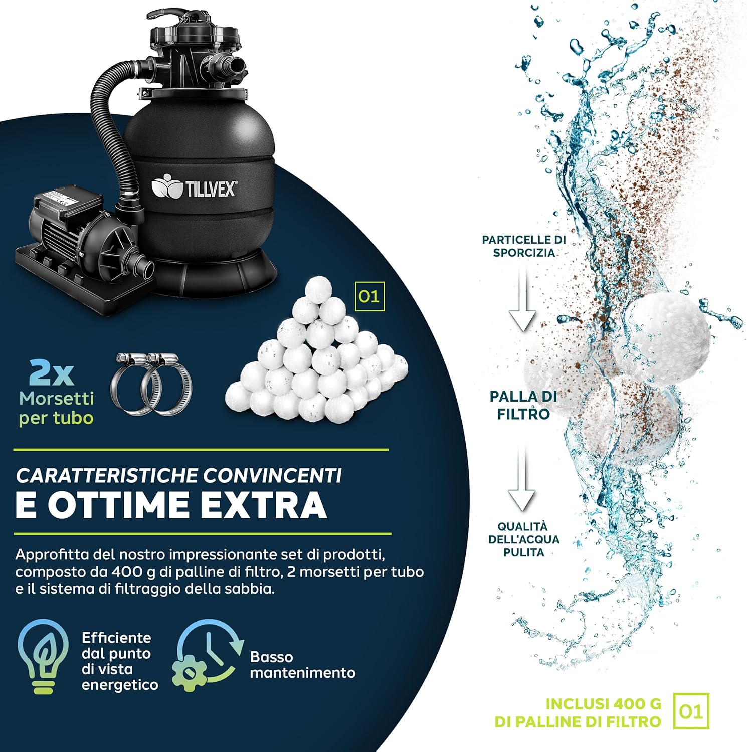 Detalle de Tillvex Pompa Filtro Piscina 7.900 L/h + 400 g Filtri Balls – 7 funzioni di filtrazione, adattatore 2in1 Ø32-38 mm