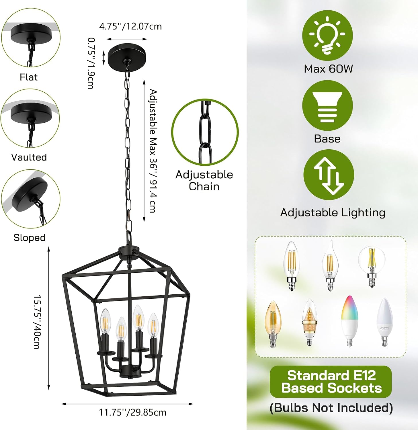 Detalle de SANGFOR Chandelier, 4-Light Black Metal Farmhouse Ceiling Fixture