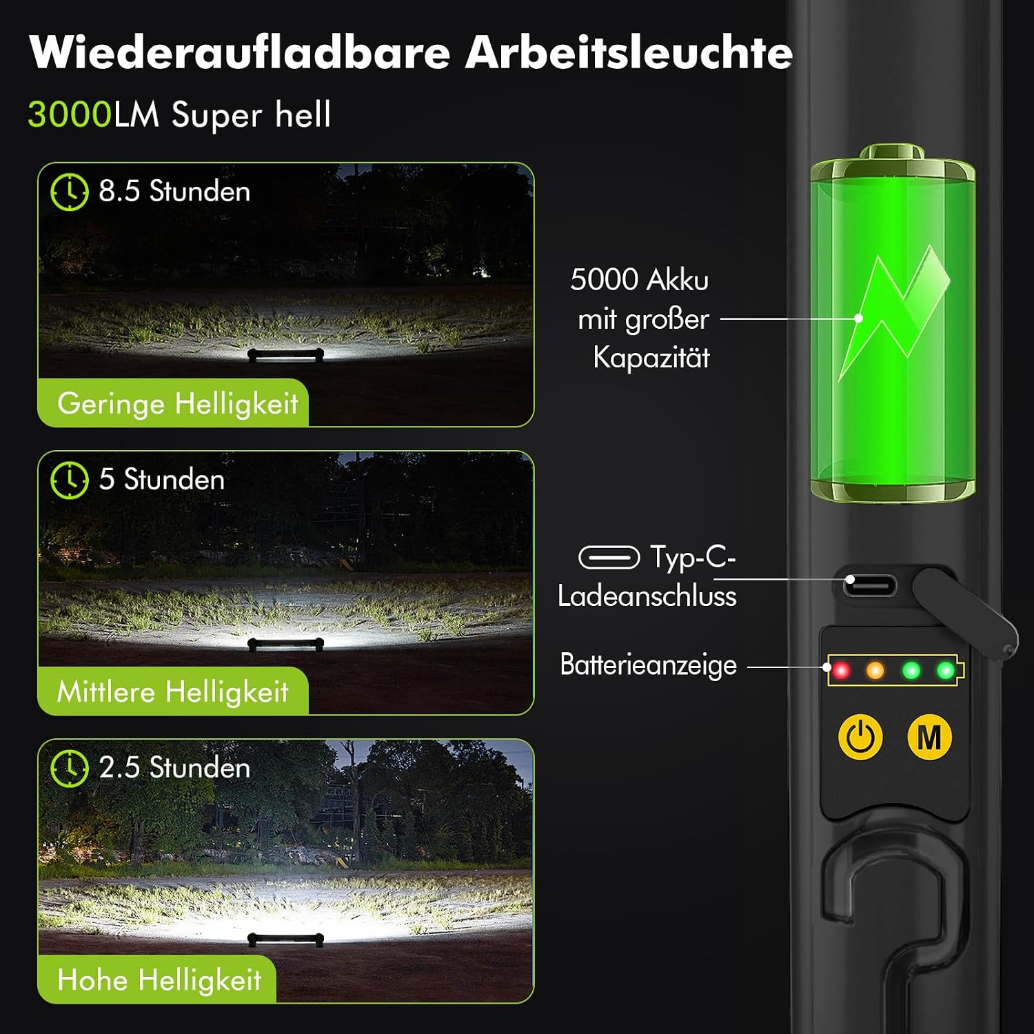 Detalle de MEIKEE oplaadbare LED-werklamp 3000 lm, 5000 mAh en IP65