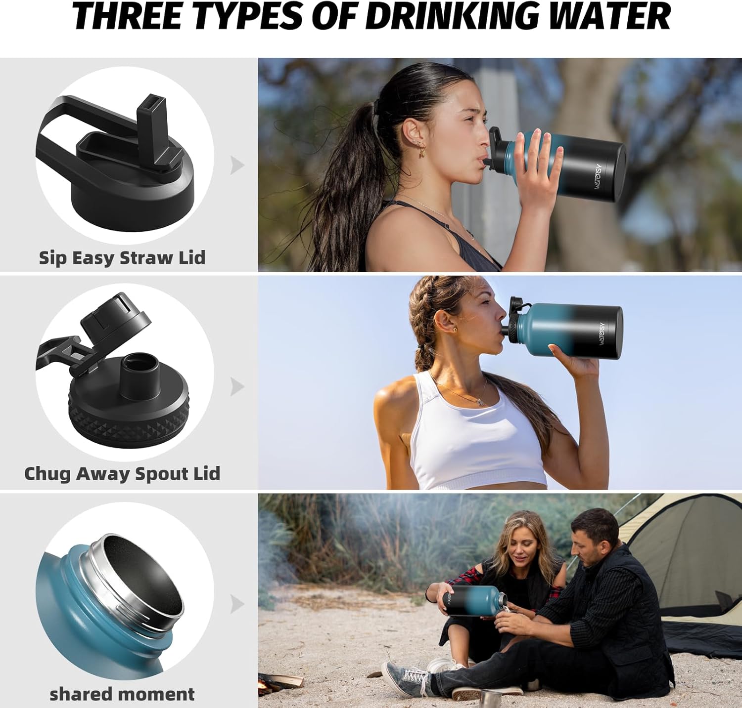 Detalle de WATERSY 64oz Insulated Water Bottle (Cold 48 Hours) — BPA-Free, Leak-Proof Half-Gallon Flask with Straw Lids