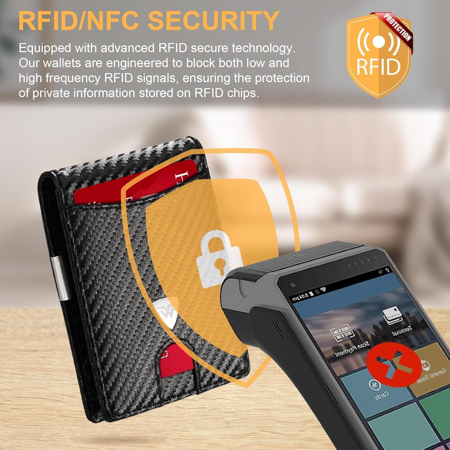 Detalle de WONSEFOO Wallets Mens Slim RFID Carbon Fiber 12 slots