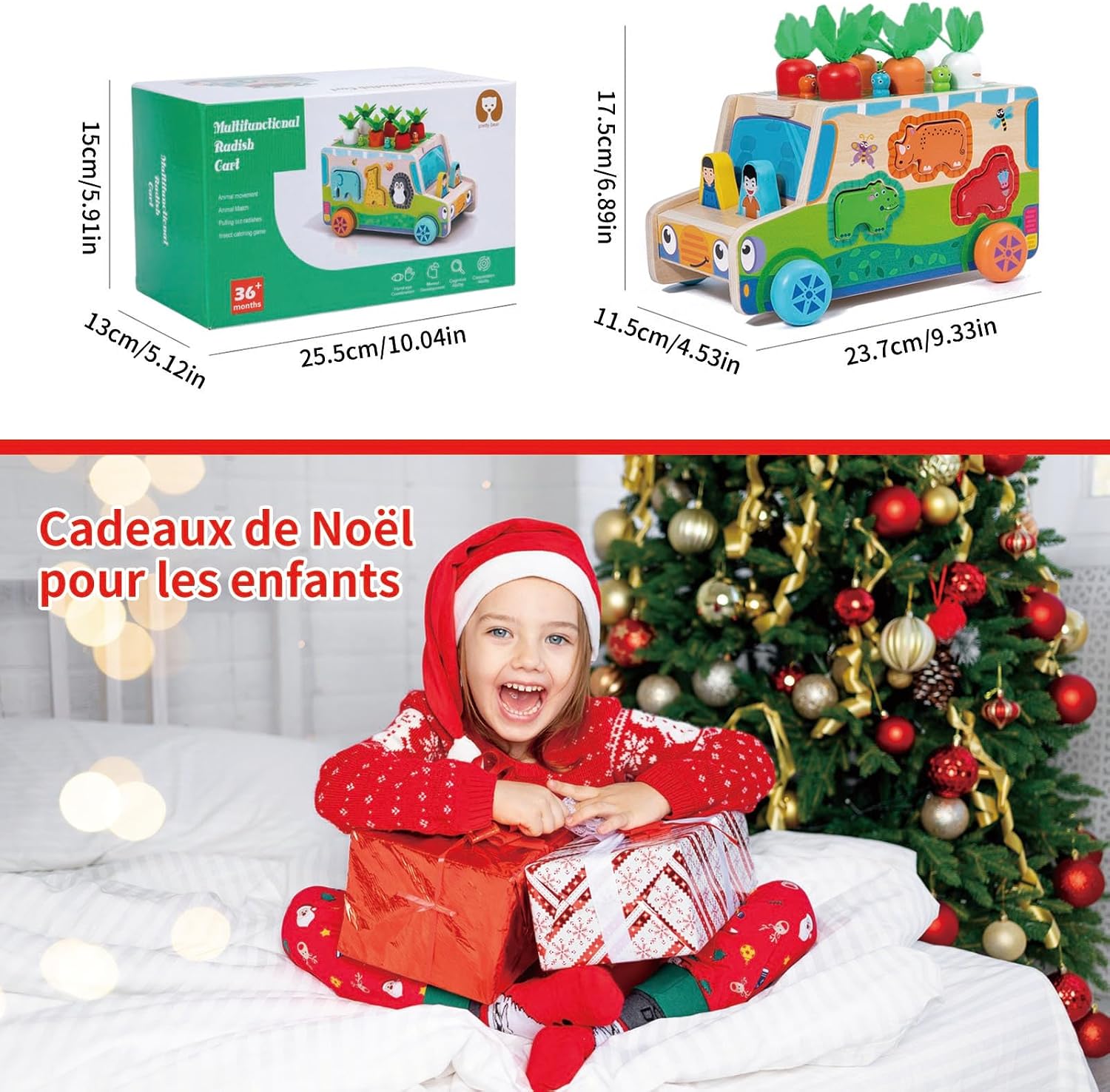 Detalle 2 de KUKUTrue 001 Montessori-houten speelgoedset met auto, dieren en radijsjes