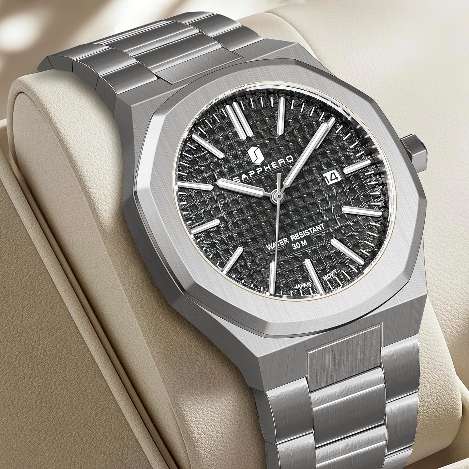 Thumbnail 5 de SAPPHERO Orologio da Uomo Impermeabile 50M in Acciaio Inox, Quarzo Miyota, 42 mm, Cinturino Acciaio, Data Calendario Nero Blu