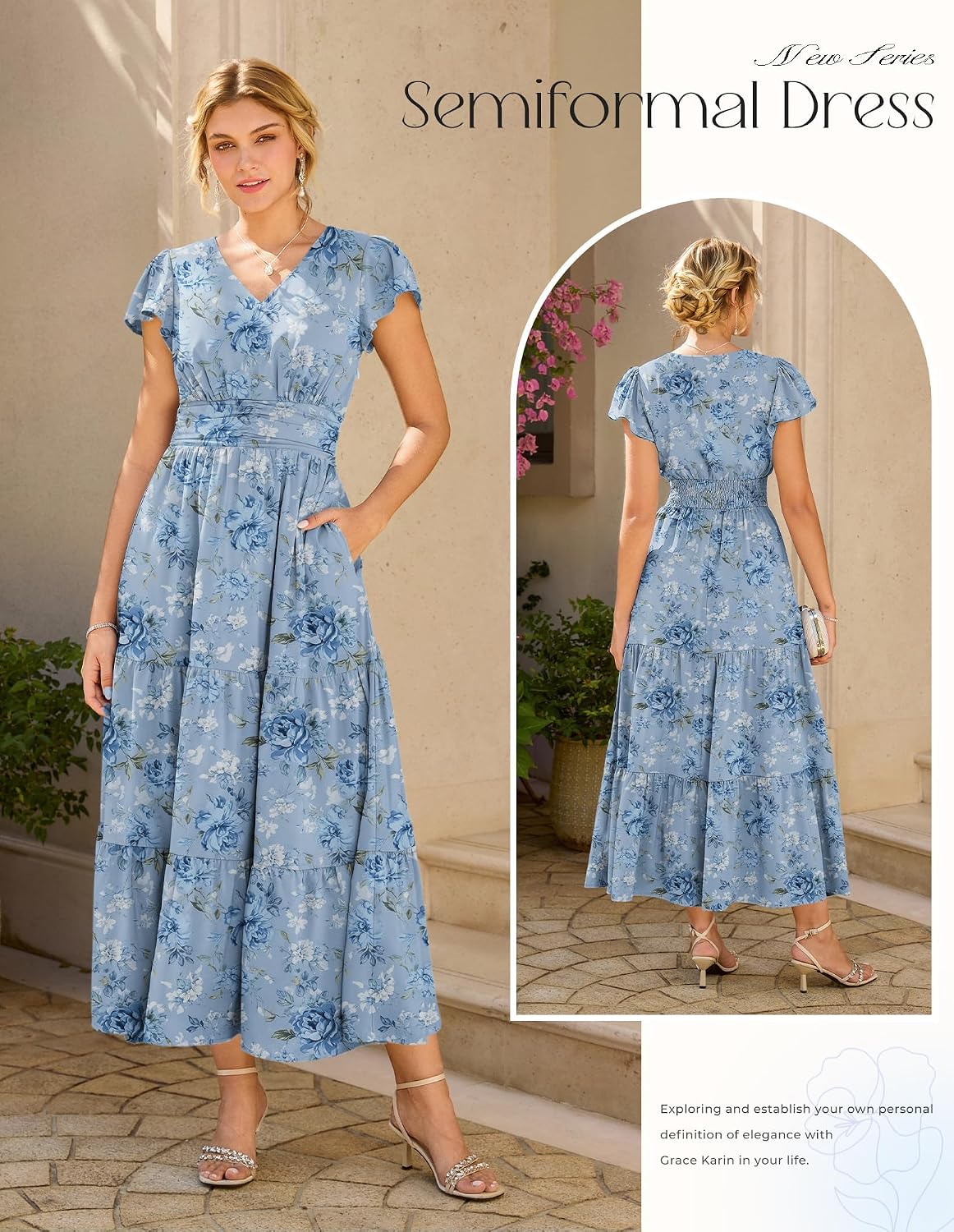 Detalle de GRACE KARIN Damen Rüschenärmel V-Ausschnitt Midikleid – A-Linie mit Blume und Taschen