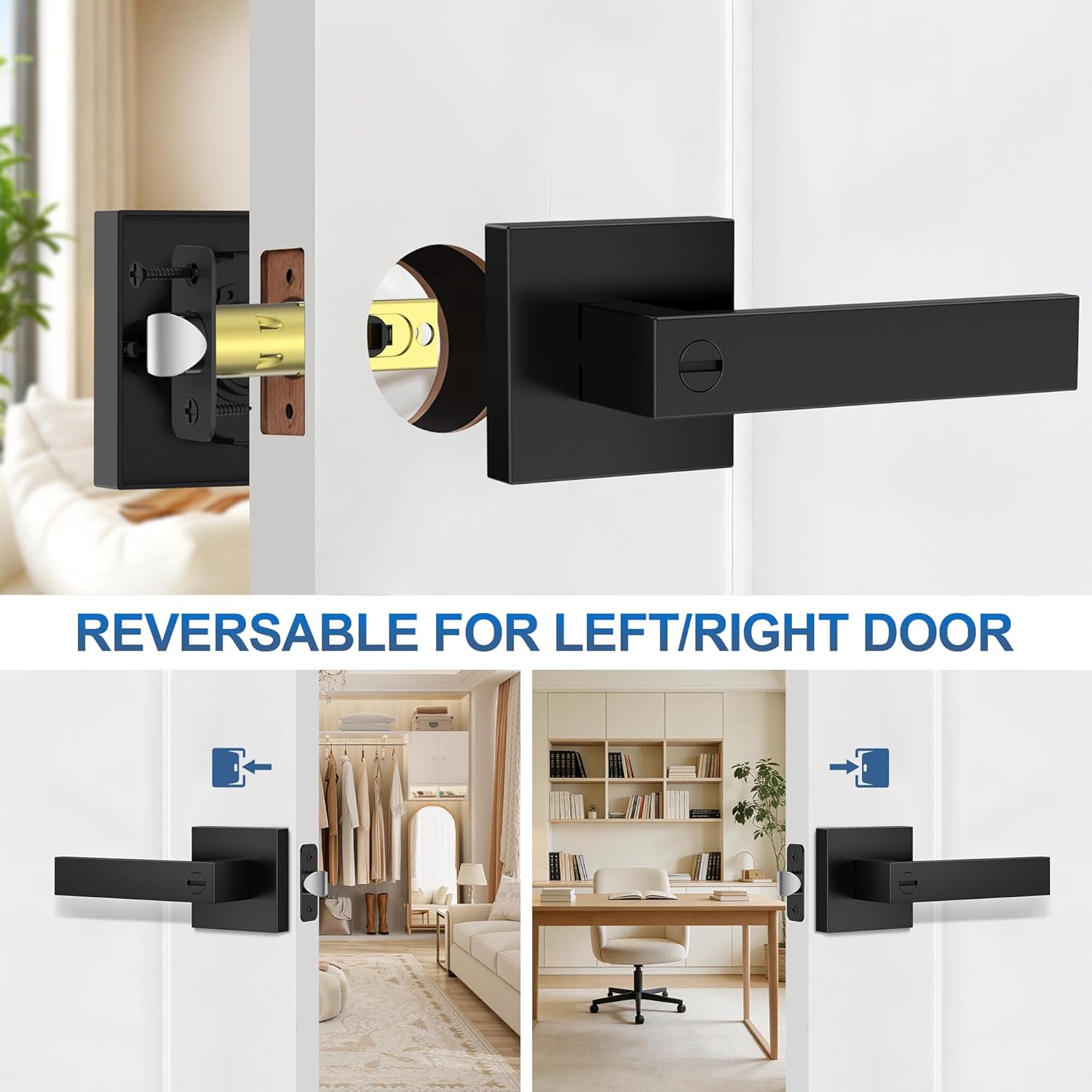 Thumbnail 5 de Plustool 6-Pack Matte Black Keyless Privacy Door Lever Locksets (Square, Reversible)