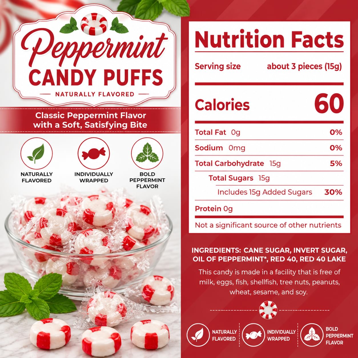Detalle 2 de Jumblet Soft Peppermint Puffs, 360 Individually Wrapped Mints, 4 lb Bag