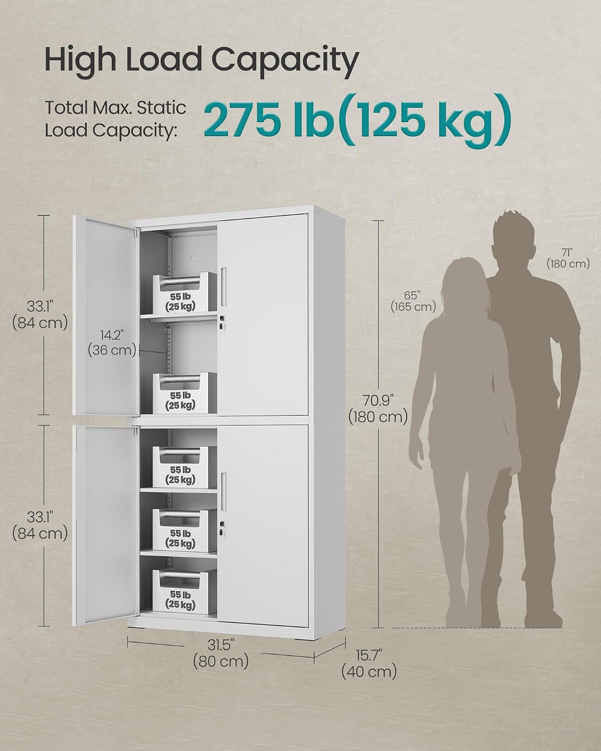 Detalle 2 de SONGMICS OMC016G01 Metal Storage Cabinet, 4 Doors, 5 Shelves, Lockable