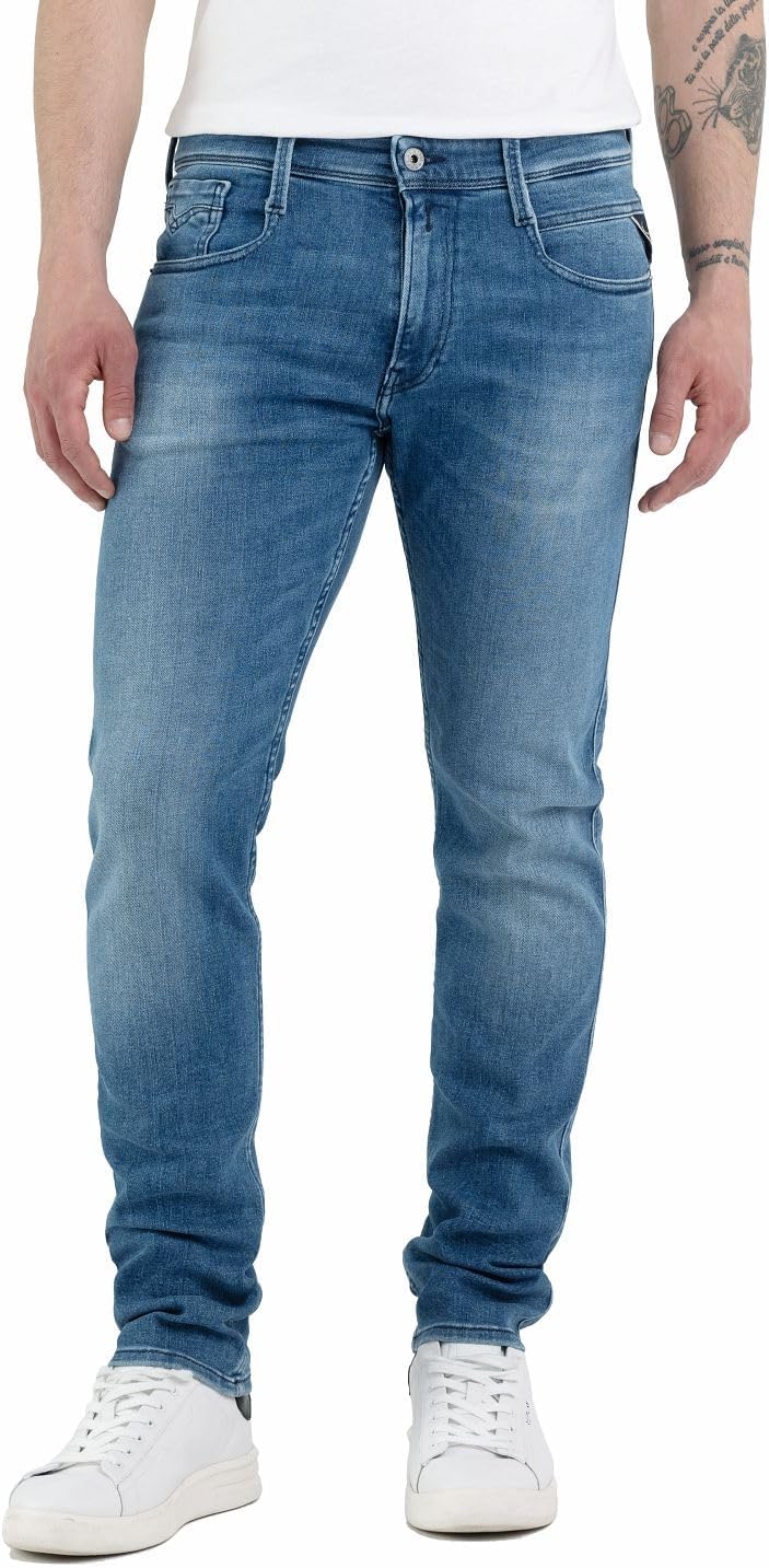 Detalle de Replay Anbass Slim-Fit Jeans mit Comfort Stretch – zeitlose Passform trifft moderne Dehnbarkeit
