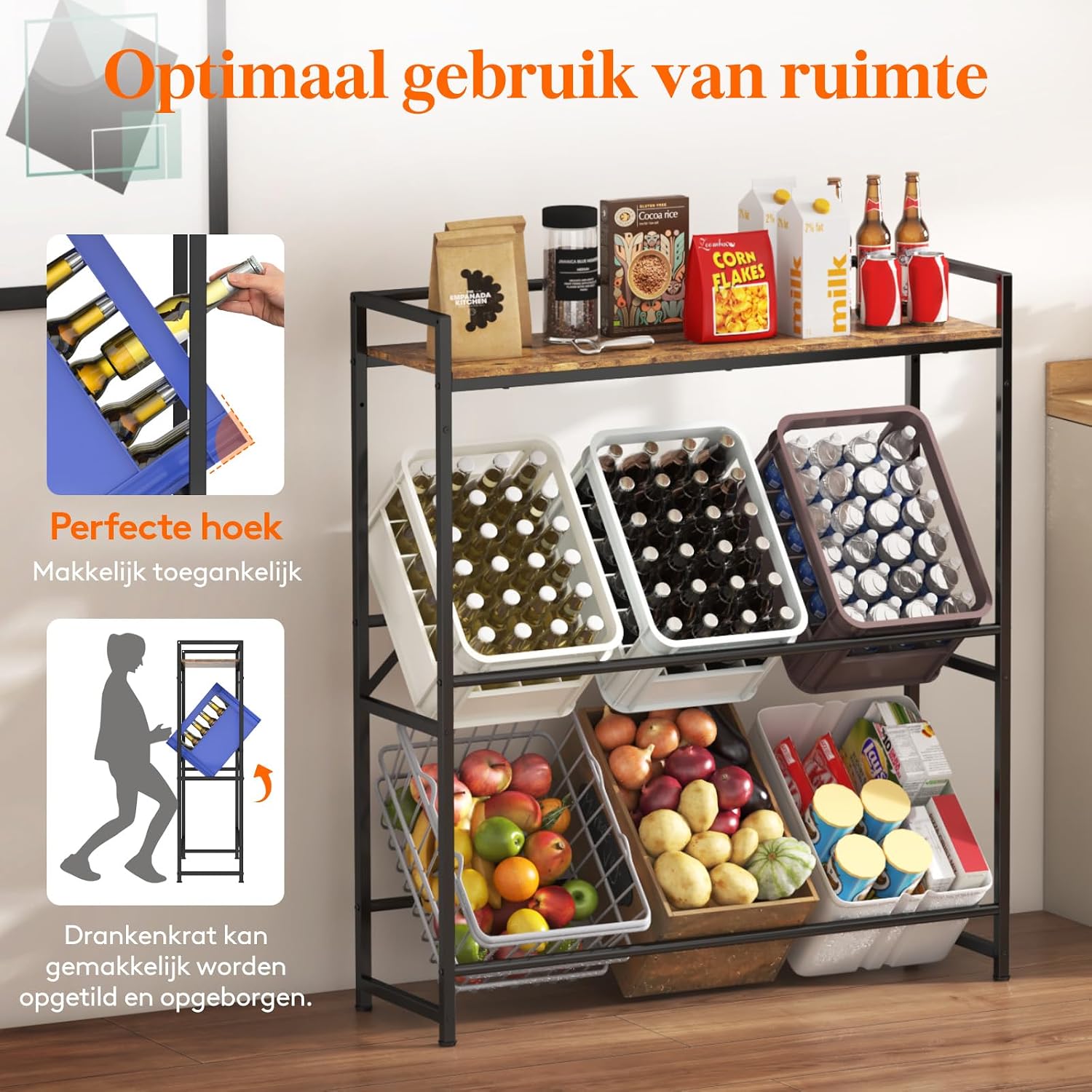 Detalle de Lifewit 24187 drankenkratrek voor 6 kratten met legplank, 32 x 104 x 117,3 cm