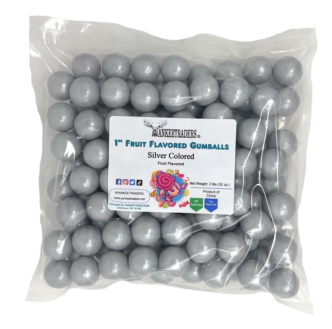 Detalle de YANKEETRADERS Silver Fruit-Flavored Gumballs, 1-Inch, 2 Pounds