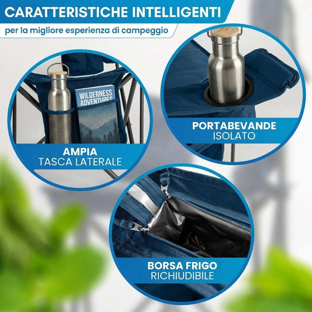 Thumbnail 5 de NORDMUT Sedia da campeggio pieghevole leggera con borsa frigo, portabicchieri e portata 200 kg (Blu 1x)