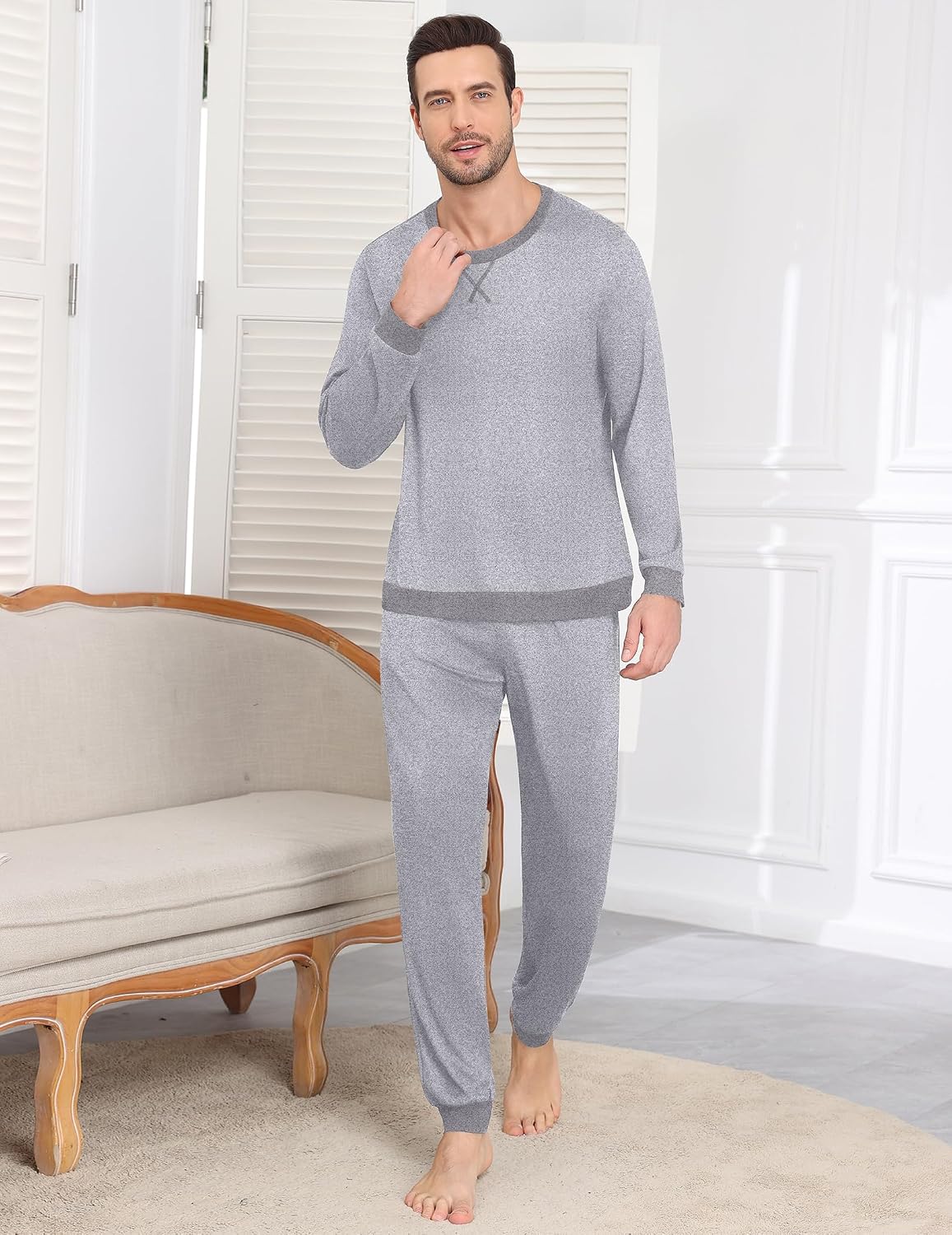Detalle de EKOUAER Pyjama Homme d’Hiver à Manches Longues et Treillis à Cordon Coulissant avec Poches – Trousers à Poches, S-XXL