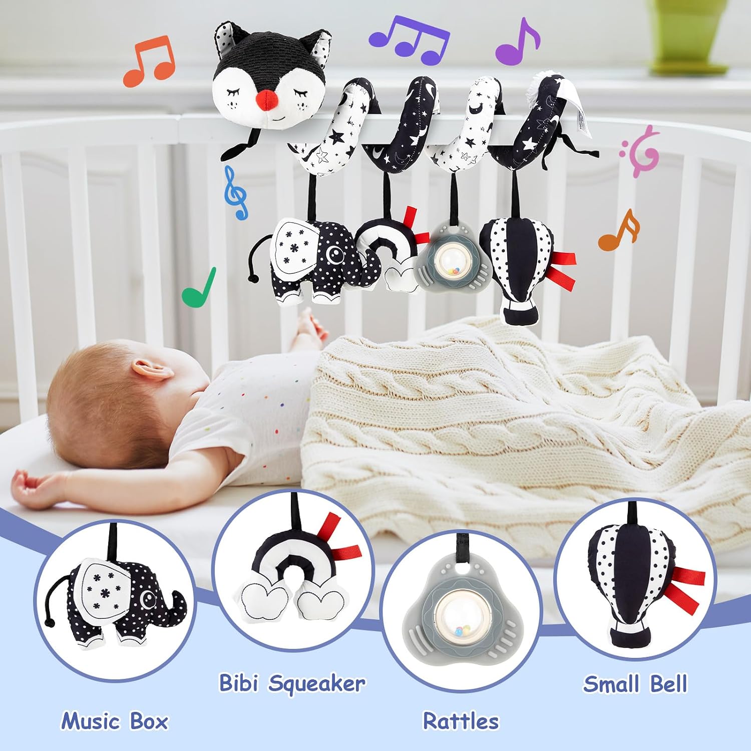 Thumbnail 2 de Funsland Spiral Pram Toys – black & white fox musical hanging toy for babies (0–6 months)