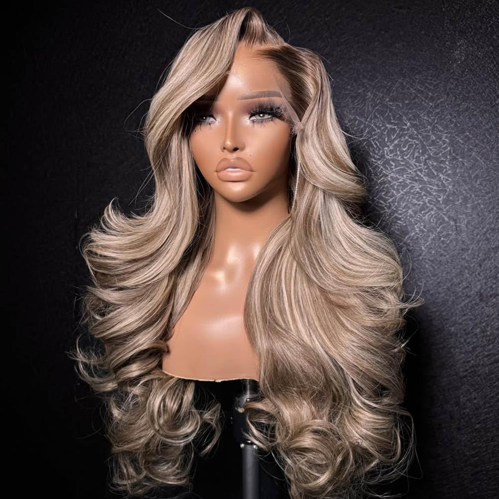 Rina 13x6 Ombre Milk Tea Ash Blonde Lace Front Wig (Human Hair, 210% Density) — 28 inch