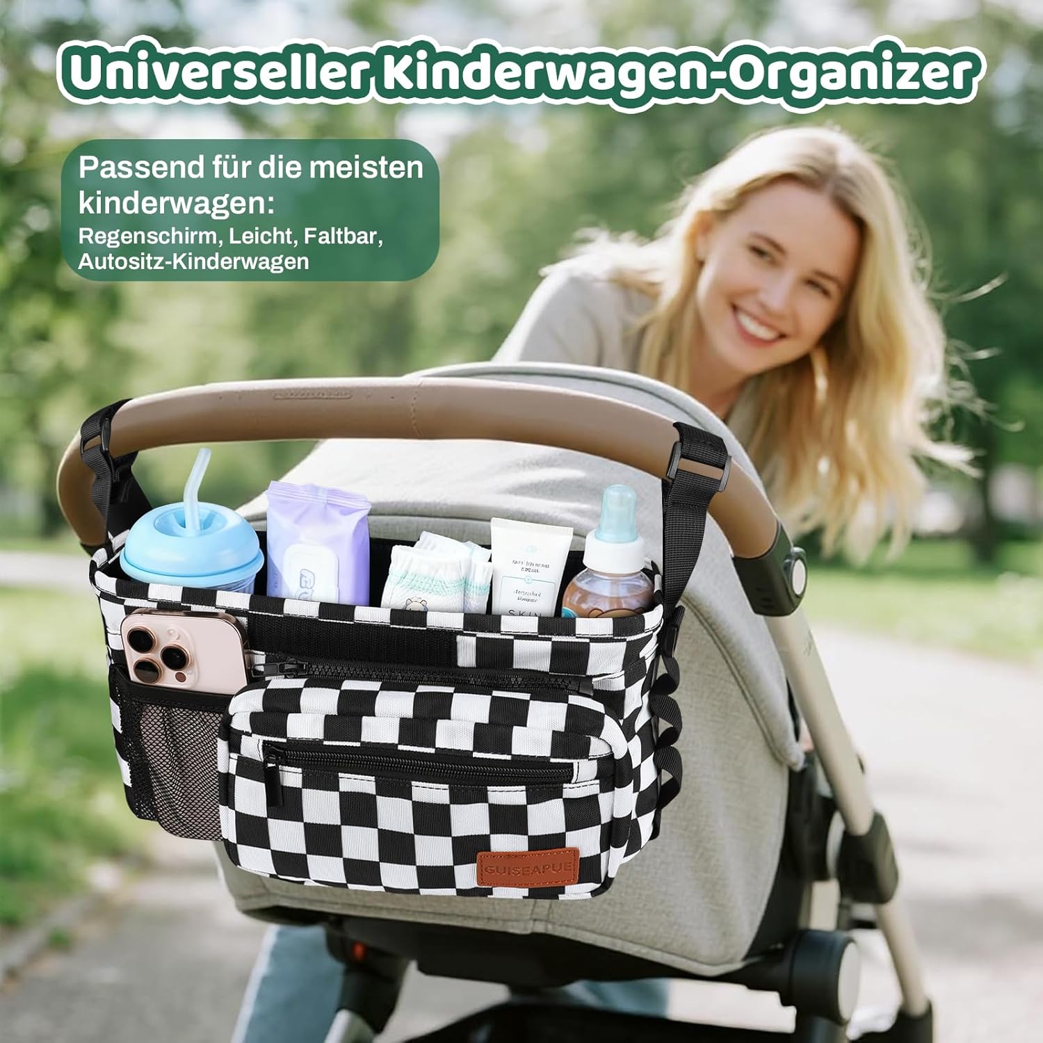 Detalle 2 de Guiseapue Universal Kinderwagen-Organizer – Getränkehalter, Becherhalter und großzügige Aufbewahrung für unterwegs