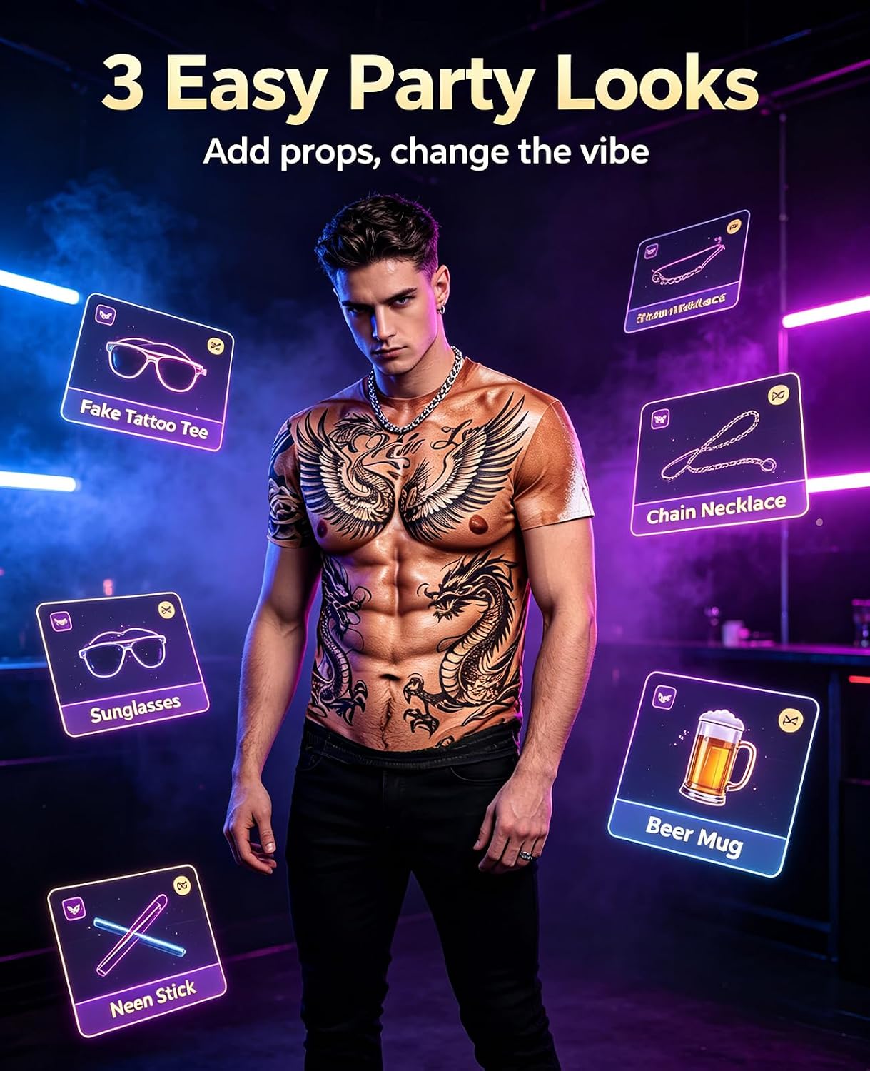 Detalle 1 de Kinberr Men's Short-Sleeve T-Shirt with 3D Fake Abs and Hairy Chest Print